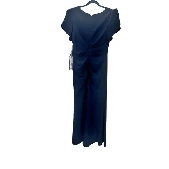 Xscape Evenings “London” Long Scuba Crepe Short Sleeve Dress Navy Size 14P NWT